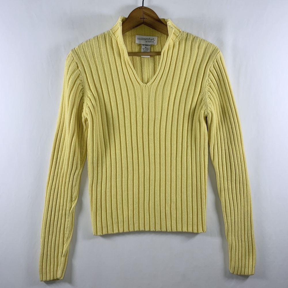 VTG 90s Womens 100% Cotton Rib Knit Sweater S/M Butter Yellow Coastal Minimalist